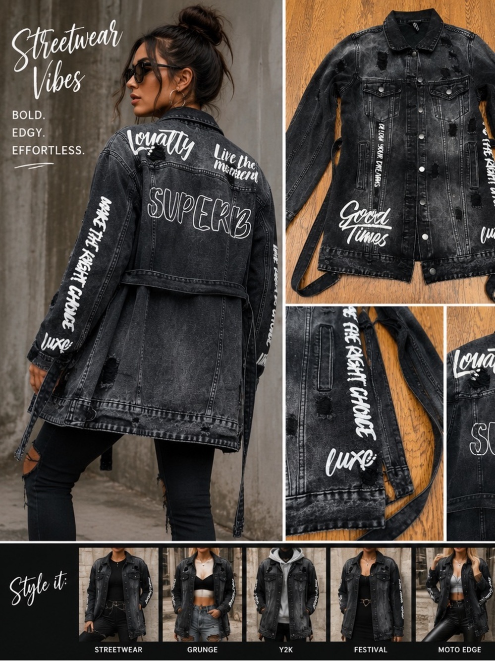 American Bazi Black Distressed Graphic Denim Jacket Small Y2K Streetwear